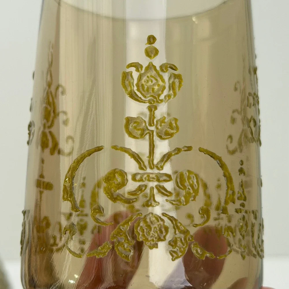 Set of Four Vintage Libbey Glasses Smokey Brown Hand Painted Victorian Gold 12oz